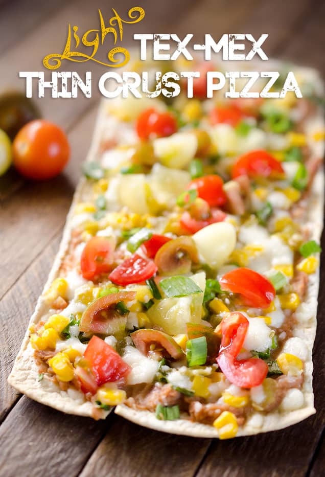 Light Tex Mex Thin Crust Pizza is an easy and healthy vegetarian recipe for one that tastes amazing and leaves you feeling satisfied! #TexMex #Light #Healthy #Vegetarian #Pizza