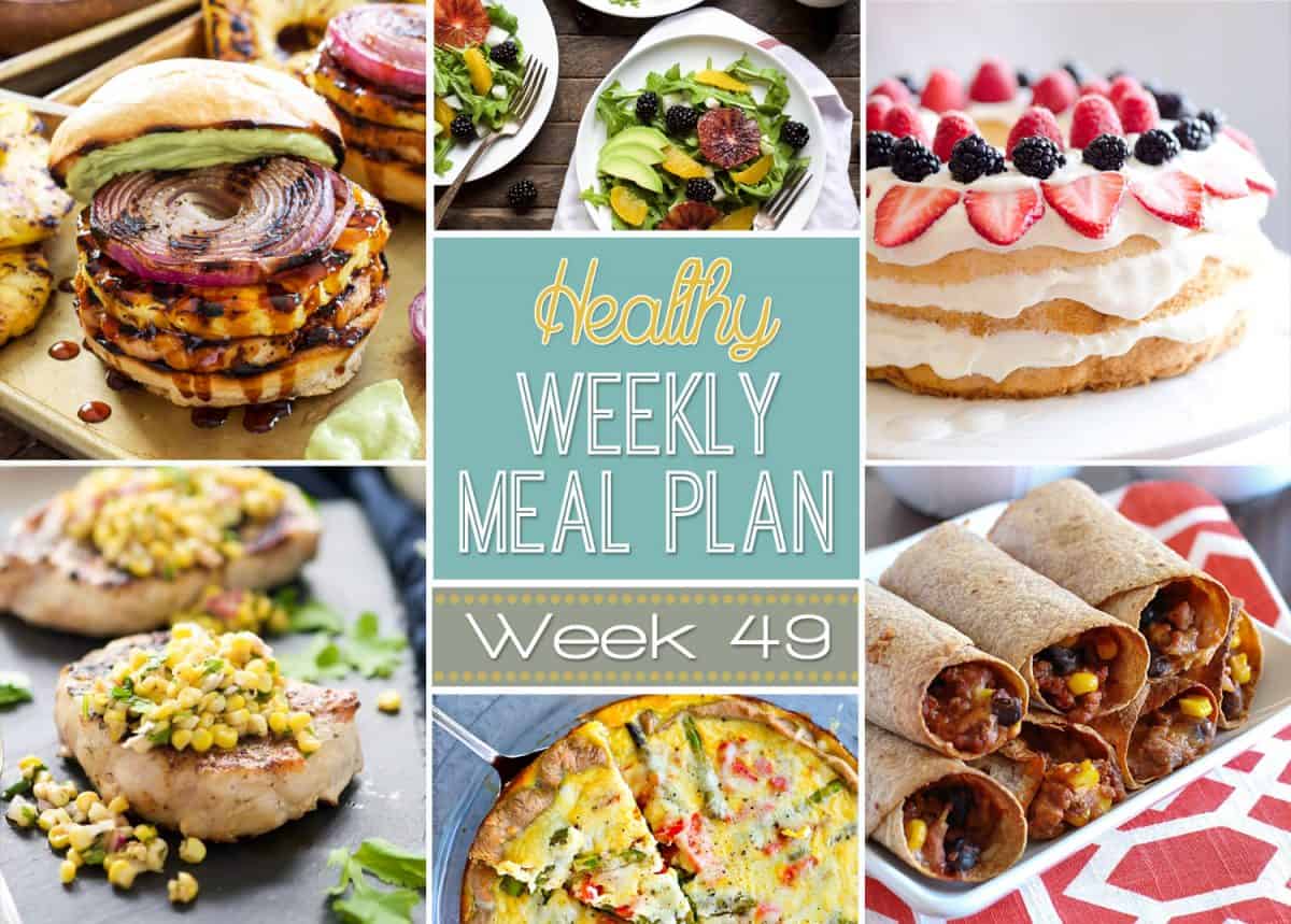 Healthy Meal Plan Week 49 is filled grilled party food galore! With 4th of July Monday, we have a delicious spread fit for every BBQ! Southwestern Taco Dip, Teriyaki Turkey Burgers, and a Berry Angel Food Cake! 