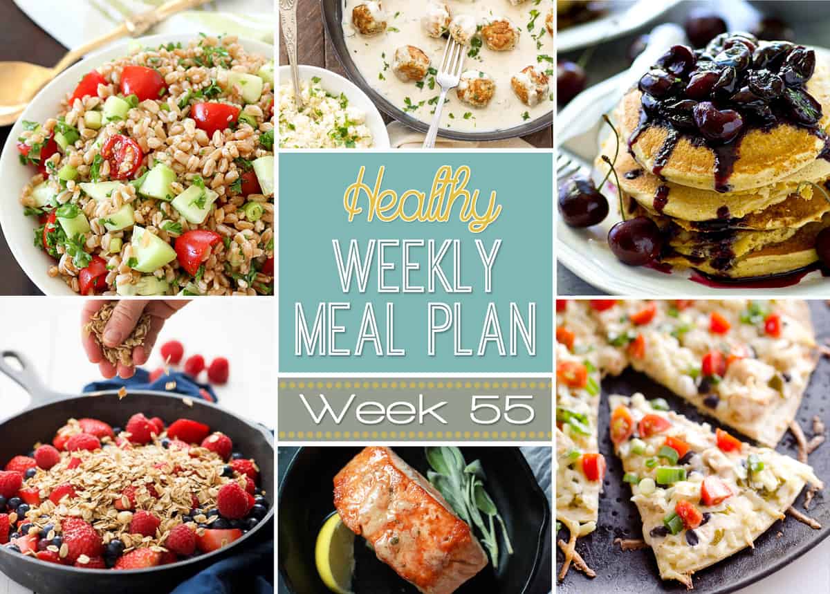 Healthy Meal Plan Week 55 starts off with charred corn flatbread, pan seared salmon and chicken burrito bowls! 