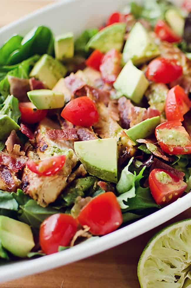 Chicken BLT Salad with Citrus Tomatillo Dressing in bowl