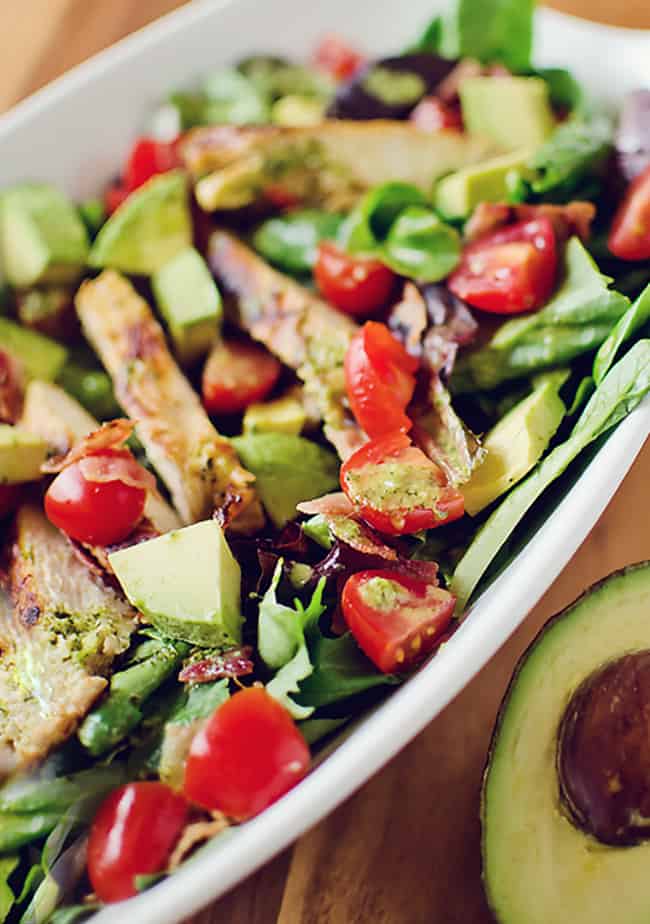 Chicken BLT Salad with Citrus Tomatillo Dressing with avocado
