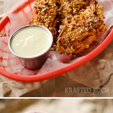 Cheddar Dijon Baked Pretzel Chicken Tenders with a Honey Dijon Greek Yogurt dipping sauce