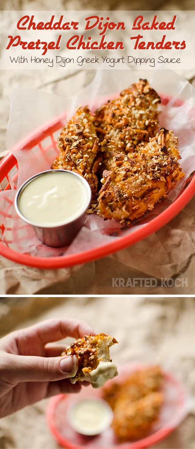 Cheddar Dijon Baked Pretzel Chicken Tenders with a Honey Dijon Greek Yogurt dipping sauce