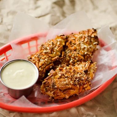 Cheddar Dijon Baked Pretzel Chicken Tenders