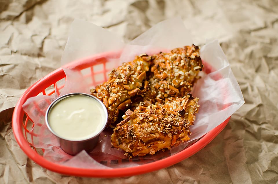 Cheddar Dijon Baked Pretzel Chicken Tenders