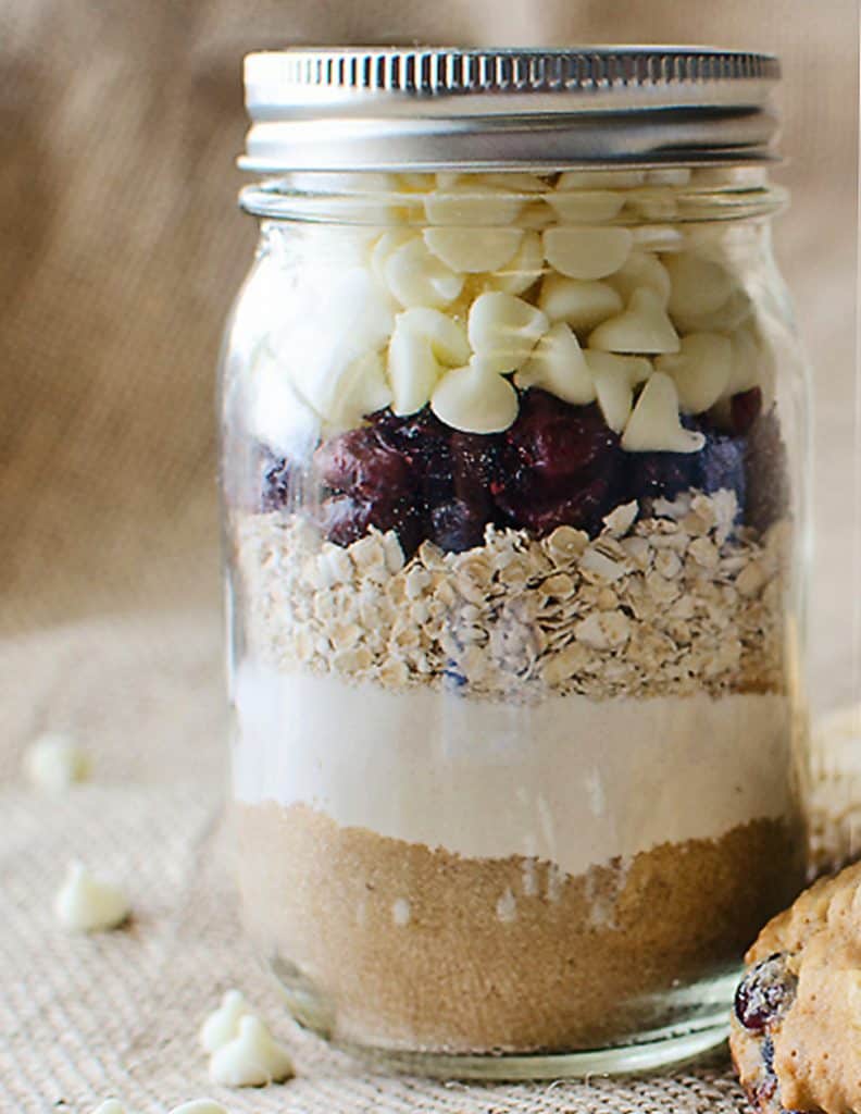 Cranberry White Chocolate Cookies in a Pint Jar are a recipe perfect for sharing a sweet dessert with friends and family or for a unique idea when making affordable holiday gifts!