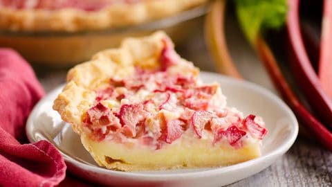 Rhubarb Custard Pie slice of pie on white plate