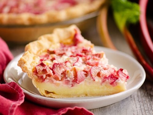 Rhubarb Custard Pie slice of pie on white plate