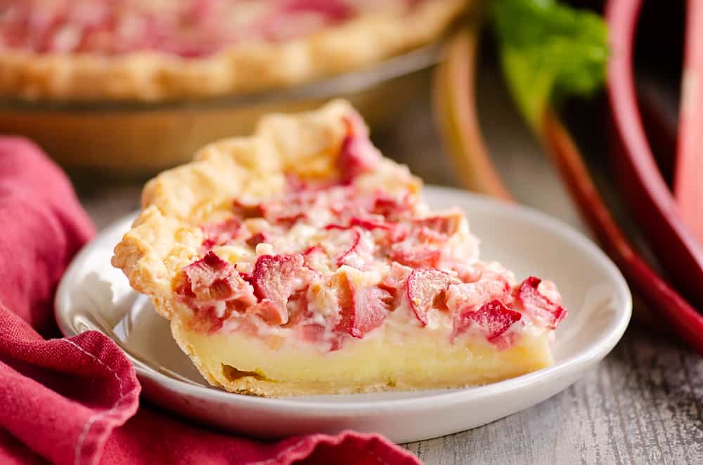 Rhubarb Custard Pie slice of pie on white plate