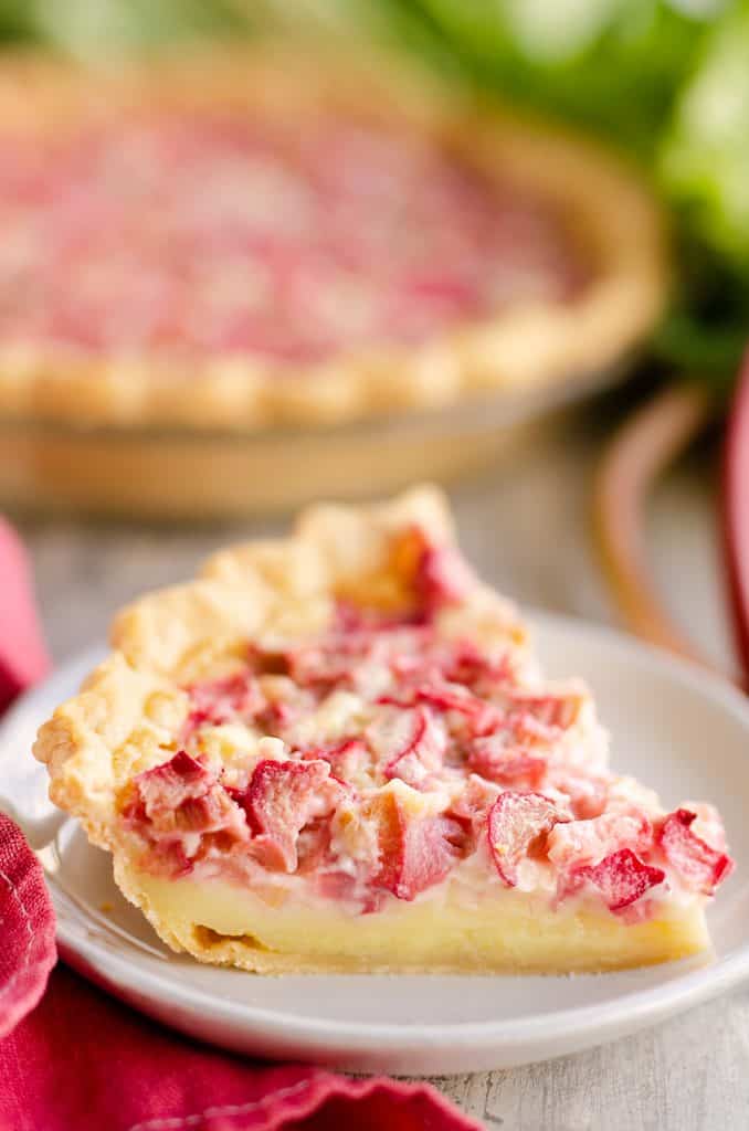 Rhubarb Custard Pie slice of pie on white plate