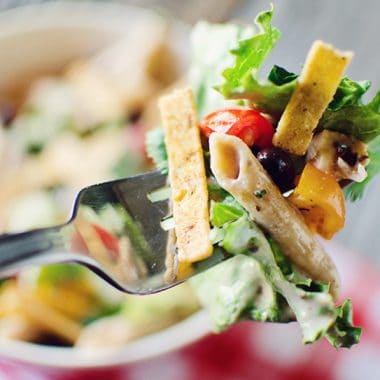 Southwest Penne & Romaine Salad bite on fork