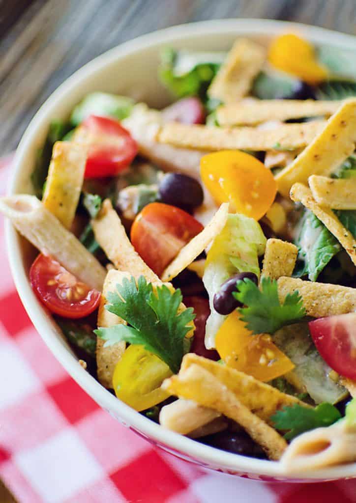 Southwest Penne & Romaine Salad with checkered napkin