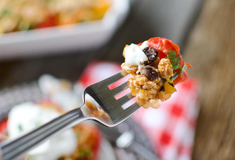 Light Chipotle Chicken & Rice Stuffed Peppers are loaded with lean ground chicken, brown rice, black beans, corn and chipotle salsa and are topped with melted cheddar and crunchy tortilla chips!