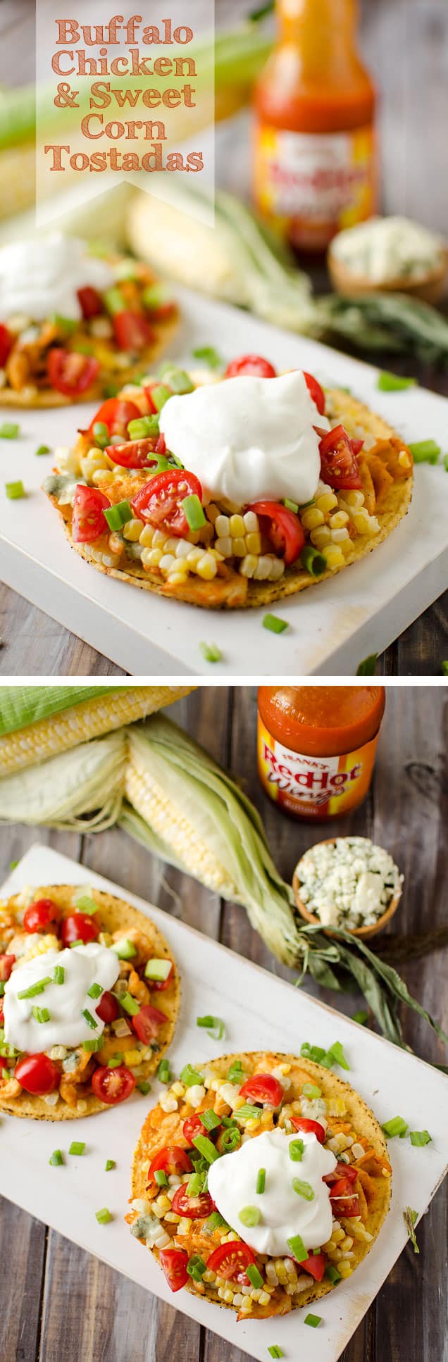 buffalo chicken & sweet corn tostadas
