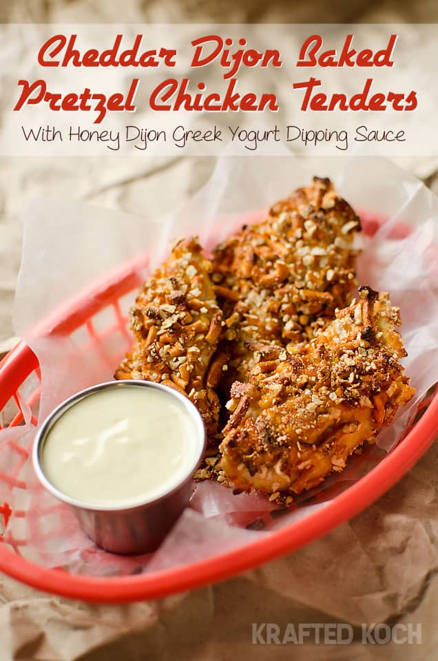 Cheddar Dijon Baked Pretzel Chicken Tenders with a Honey Dijon Greek Yogurt dipping sauce