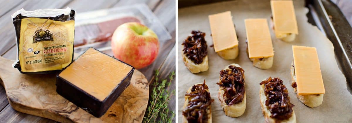 Caramelized Onion & Cheddar Crostinis with Prosciutto Wrapped Apples - Krafted Koch - A sophisticated appetizer made with smooth Boar's Head Sharp Cheddar Cheese, a recipe perfect for the holidays!