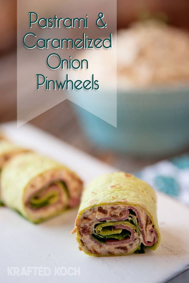 Pastrami & Caramelized Onion Pinwheels - Krafted Koch - Pinwheels made with pastrami and a creamy caramelized onion spread that are great for an appetizer or lunch!