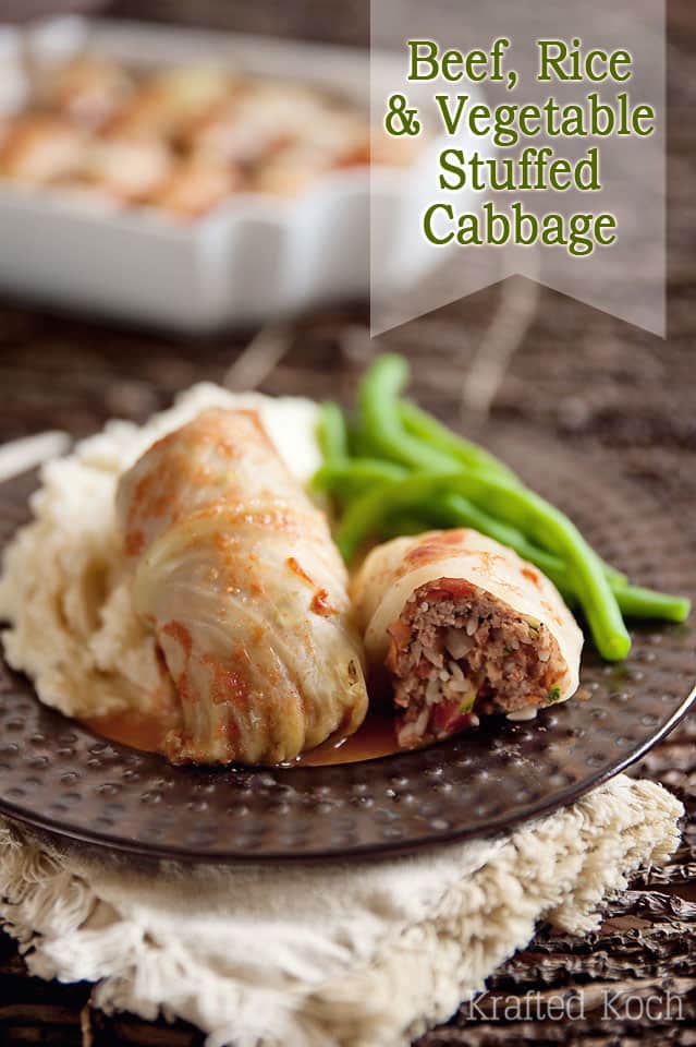 Beef, Rice & Vegetable Stuffed Cabbage Rolls - Krafted Koch - An old comforting dinner recipe made healthier with the addition of lots of vegetables!