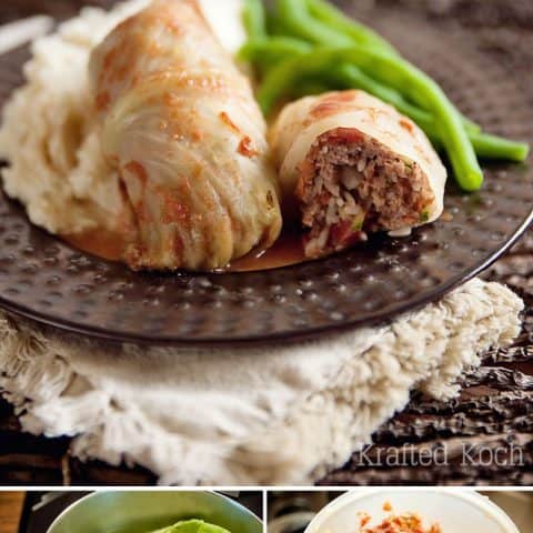 Beef, Rice & Vegetable Stuffed Cabbage Rolls - Krafted Koch - An old comforting dinner recipe made healthier with the addition of lots of vegetables!