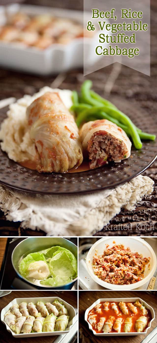 Beef, Rice & Vegetable Stuffed Cabbage Rolls - Krafted Koch - An old comforting dinner recipe made healthier with the addition of lots of vegetables!