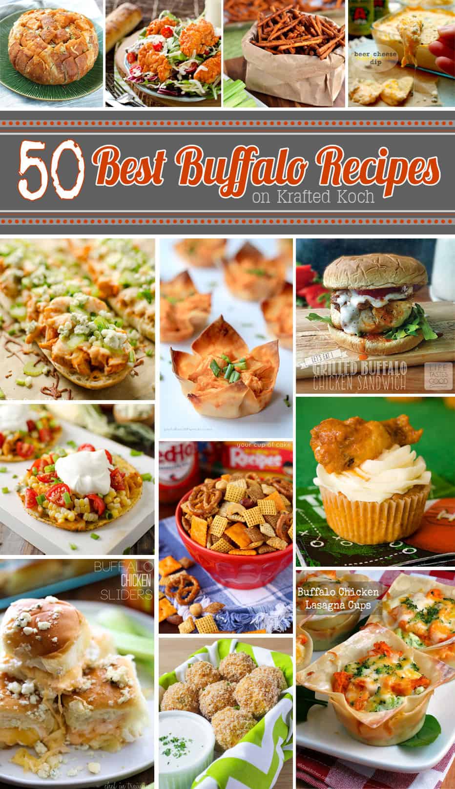 50 Best Buffalo Flavored Recipes Round Up - Krafted Koch - From game day snacks, to savory appetizers and cheesy dinner recipes, these buffalo recipes kick up the flavor!