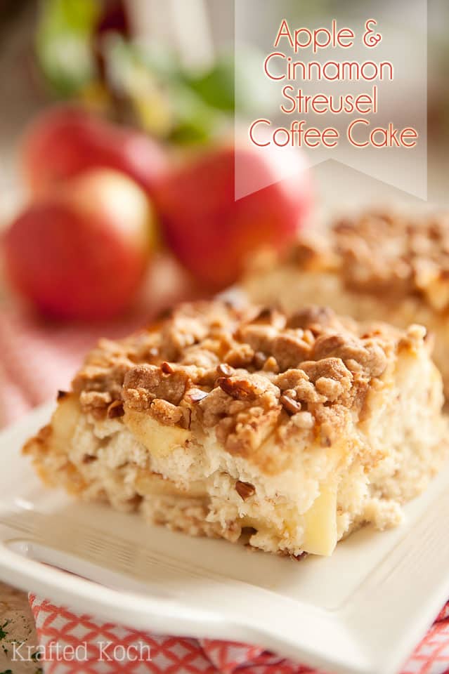 Apple & Cinnamon Streusel Coffee Cake - Krafted Koch - An easy breakfast coffe cake recipe that starts with a box mix and amps it up with fresh apples, sour cream and pecans!