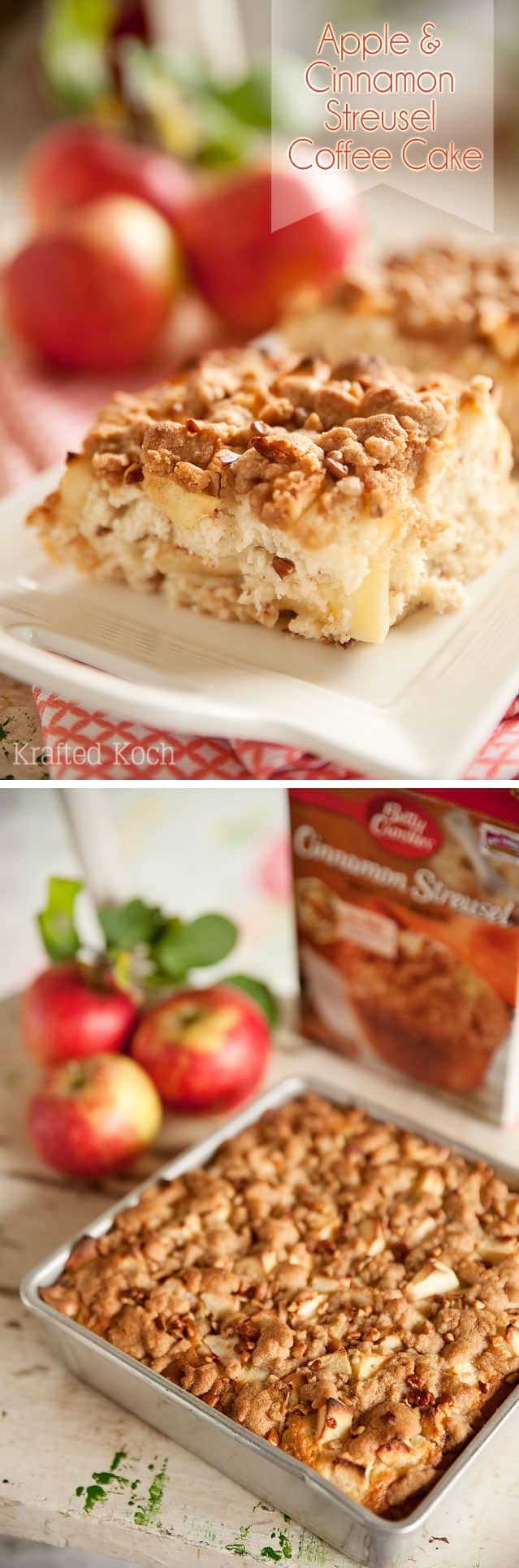 Apple & Cinnamon Streusel Coffee Cake - Krafted Koch - An easy breakfast coffe cake recipe that starts with a box mix and amps it up with fresh apples, sour cream and pecans!