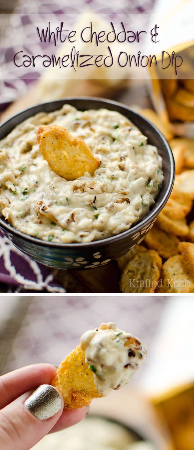 white cheddar & caramelized onion dip