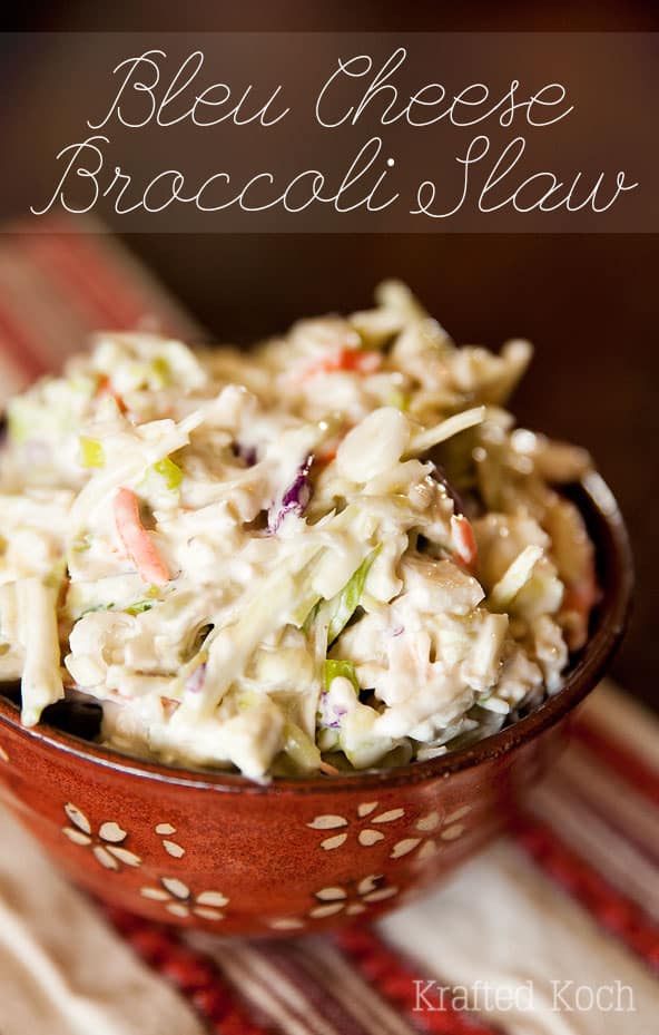 Bleu Cheese Broccoli Slaw - Krafted Koch - an easy and delicious side dish lightened up with more bold flavor and crunch than your traditional coleslaw!