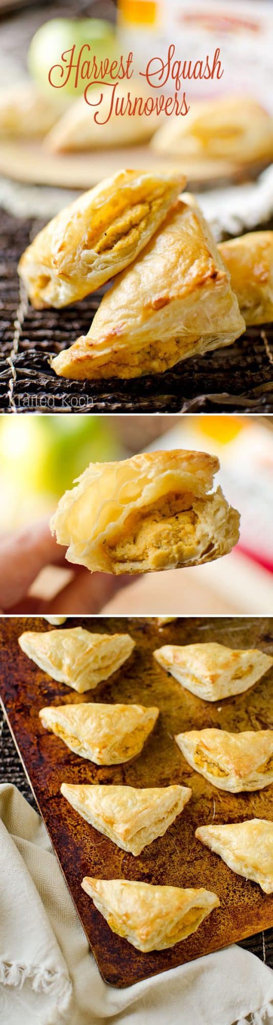 Harvest Squash Turnovers - Krafted Koch - A fall inspired appetizer recipe with creamy butternut squash and goat cheese paired with sweet apple, roasted garlic and sage and enveloped in a flaky puff pastry shell.