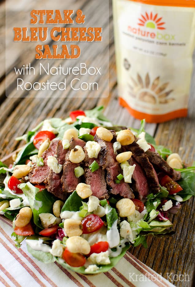 Steak & Bleu Cheese Salad with NatureBox Roasted Corn - Krafted Koch - A light and simple dinner salad recipe made with Light Greek Yogurt Bleu Cheese dressing