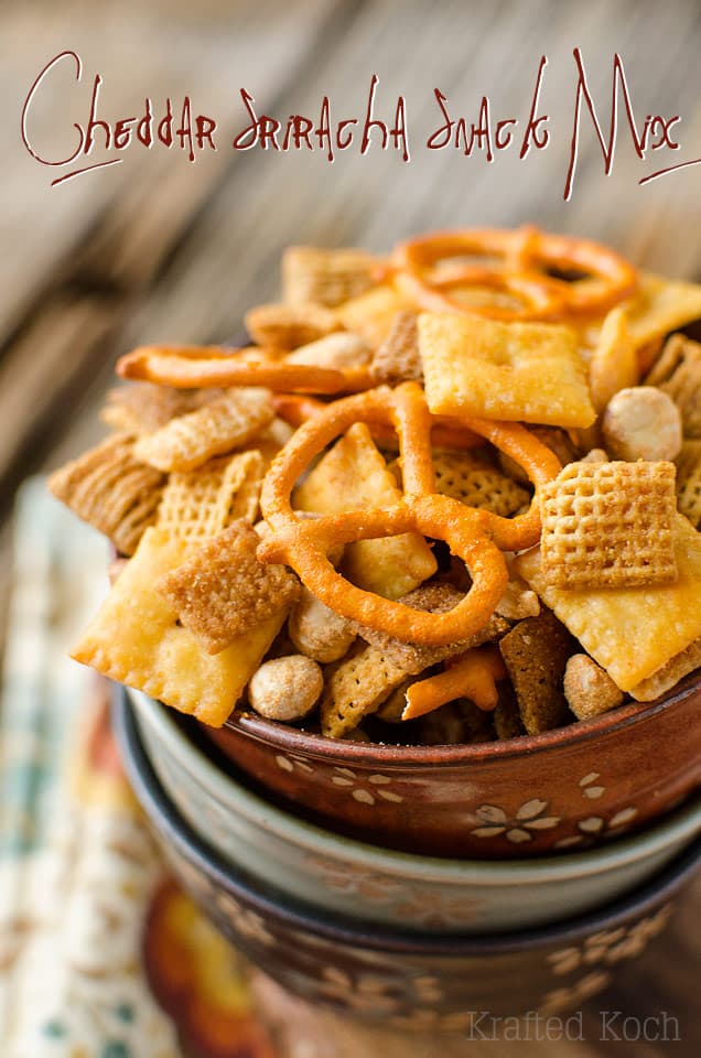 Cheddar Sriracha Snack Mix - Krafted Koch - An easy snack mix recipe loaded with spice and flavor! #snackmix #spicy #cheddar
