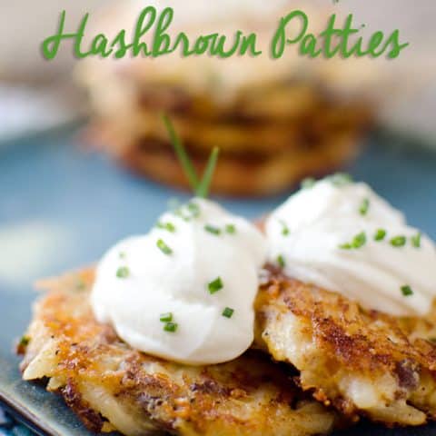 Cheddar Bacon Loaded Hashbrown Patties - Krafted Koch - Cheesy bacon and onion hashbrowns are topped with creamy sour cream for the perfect appetizer or side dish. #ComfortFood #Appetizer #SideDish #Recipe