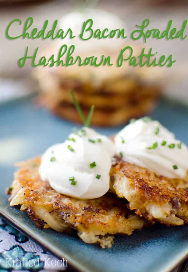 Cheddar Bacon Loaded Hashbrown Patties - Krafted Koch - Cheesy bacon and onion hashbrowns are topped with creamy sour cream for the perfect appetizer or side dish. #ComfortFood #Appetizer #SideDish #Recipe