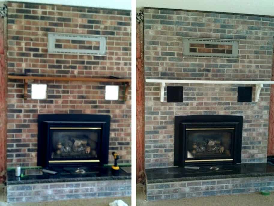 DIY painted mantel whitewashed brick fireplace