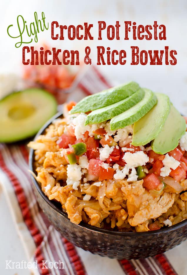 Light Crock Pot Fiesta Chicken & Rice Bowls - An easy weeknight dinner recipe, loaded with bold Mexican flavor, made in your slow cooker for a healthy and delicious dinner.