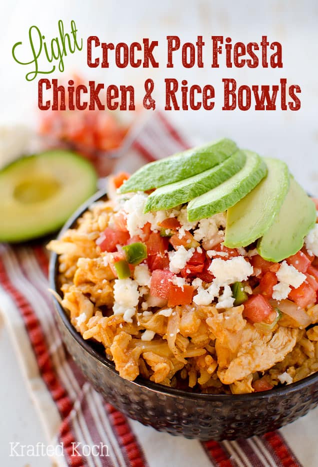 Light Crock Pot Fiesta Chicken & Rice Bowls - An easy weeknight dinner recipe, loaded with bold Mexican flavor, made in your slow cooker. 