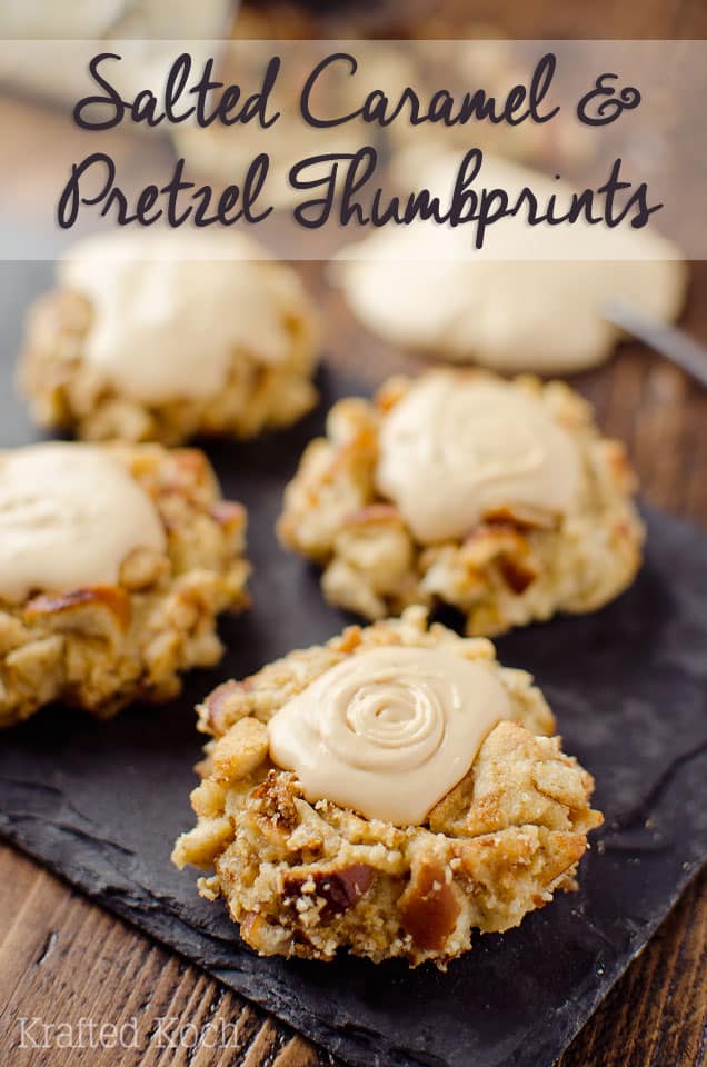 Salted Caramel Pretzel Thumbprint Cookies - Krafted Koch - A fantastic cookie recipe that will impress your guests with a dense, but moist cookie rolled in crunchy pretzels and topped with rich salted caramel frosting!