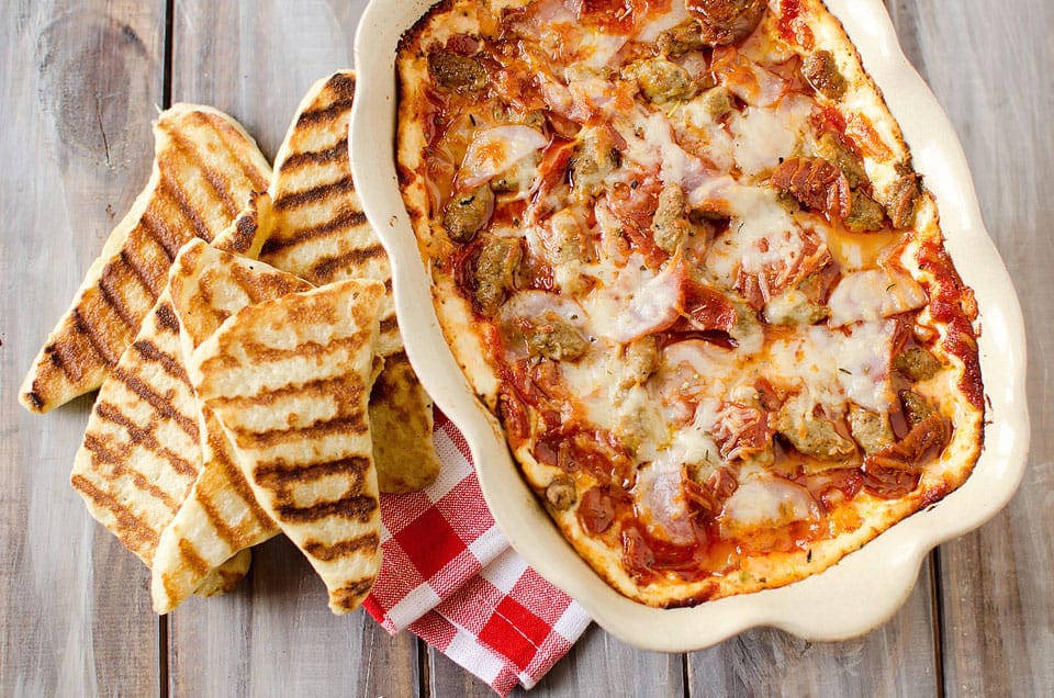 Triple Meat and Cheese Pizza Dip with Grilled Crust Dippers - Krafted Koch