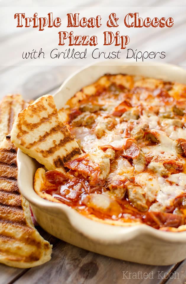 Triple Meat and Cheese Pizza Dip with Grilled Crust Dippers - Krafted Koch - An amazingly cheesy and flavorful appetizer recipe that will be a hit with your friends at your next party! #Appetizer #Dip #Pizza