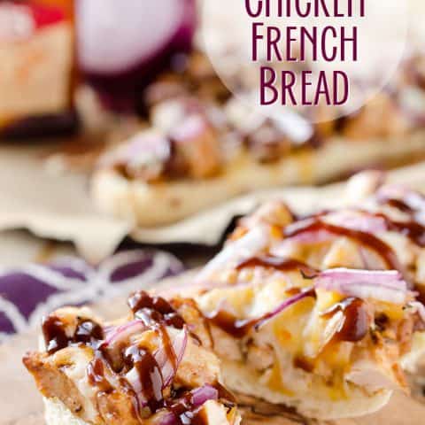 BBQ Chicken French Bread is a chewy french bread topped with BBQ chicken, red onions and melted cheddar for an amazingly simple and delicious appetizer recipe or dinner idea. #Appetizer #FrenchBread #BBQ