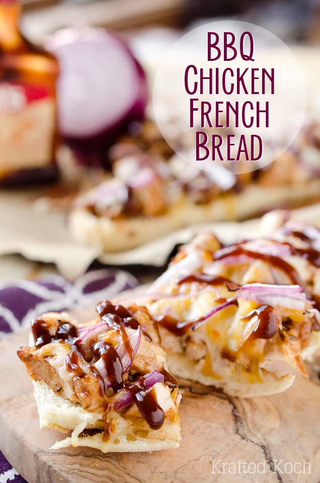 BBQ Chicken French Bread is a chewy french bread topped with BBQ chicken, red onions and melted cheddar for an amazingly simple and delicious appetizer recipe or dinner idea. #Appetizer #FrenchBread #BBQ