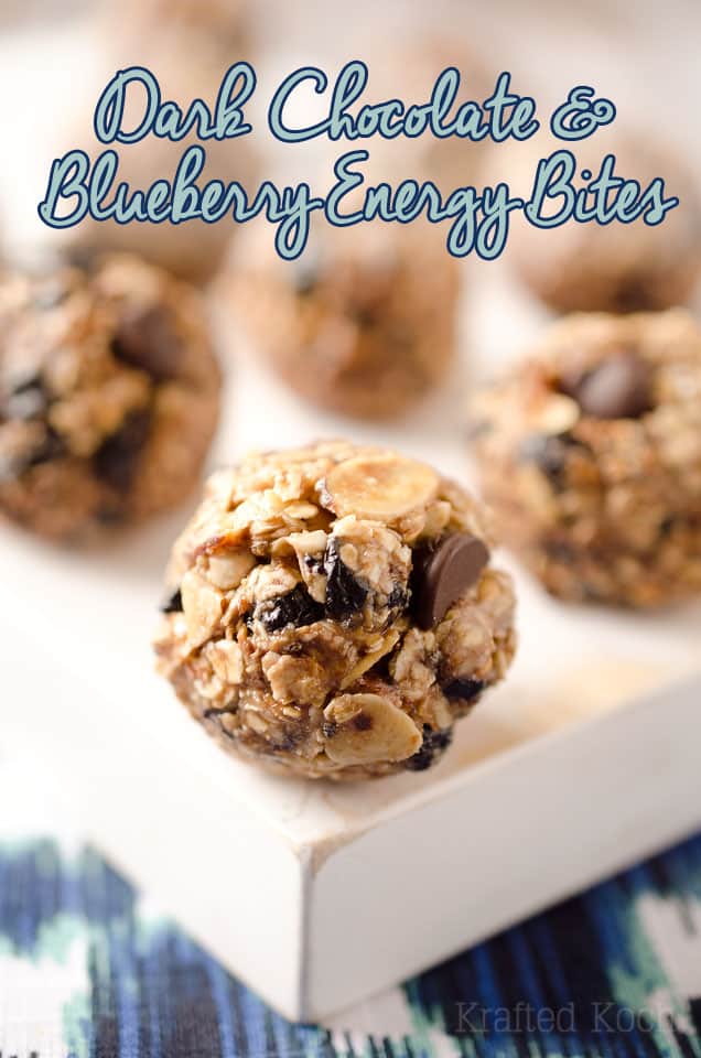 Dark Chocolate & Blueberry Energy Bites - Krafted Koch - A sweet little bite of dark chocolate and dried blueberries encompassed with whole grains and seeds for a protein packed snack!