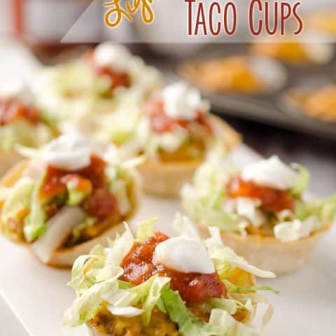 Light Mini Turkey Taco Cups - Krafted Koch - Tortilla cups filled with taco seasoned turkey and topped with lettuce, salsa and sour cream for the perfect healthy appetizer recipe! #Healthy #Appetizer #Light #Lunch