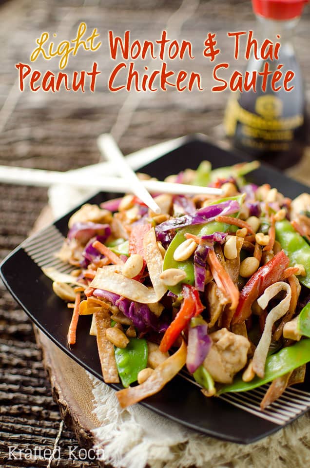 Light Wonton & Thai Peanut Chicken Sautee is a healthy and delicious dinner recipe loaded with vegetables, chicken and a spicy Thai peanut and coconut milk sauce. - Krafted Koch #Healthy #Asian #Recipe