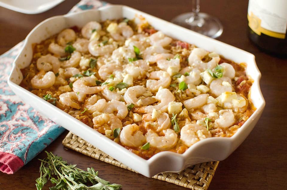 Shrimp & Feta Orzo Bake - Krafted Koch - A one-dish meal with whole wheat orzo pasta, shrimp and feta for a flavorful and healthy dinner idea