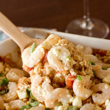 Shrimp & Feta Orzo Bake - Krafted Koch - A one-dish meal with whole wheat orzo pasta, shrimp and feta for a flavorful and healthy dinner idea