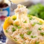 Cheesy Chipotle Spaghetti Squash - A healthy spaghetti squash recipe loaded with a creamy chipotle sauce for a meatless meal loaded with flavor or side dish that people will be taking extra helpings of. #SpaghettiSquash #MeatlessMonday #Healthy #Vegetarian #