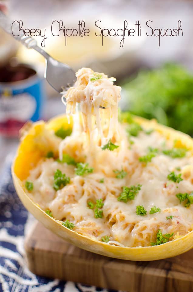 Cheesy Chipotle Spaghetti Squash - A healthy spaghetti squash recipe loaded with a creamy chipotle sauce for a meatless meal loaded with flavor or side dish that people will be taking extra helpings of. #SpaghettiSquash #MeatlessMonday #Healthy #Vegetarian #