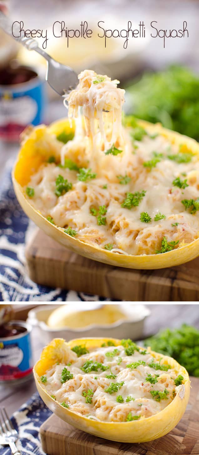 Cheesy Chipotle Spaghetti Squash - A healthy spaghetti squash recipe loaded with a creamy chipotle sauce for a meatless meal loaded with flavor or side dish that people will be taking extra helpings of.  #SpaghettiSquash  #MeatlessMonday #Healthy #Vegetarian #